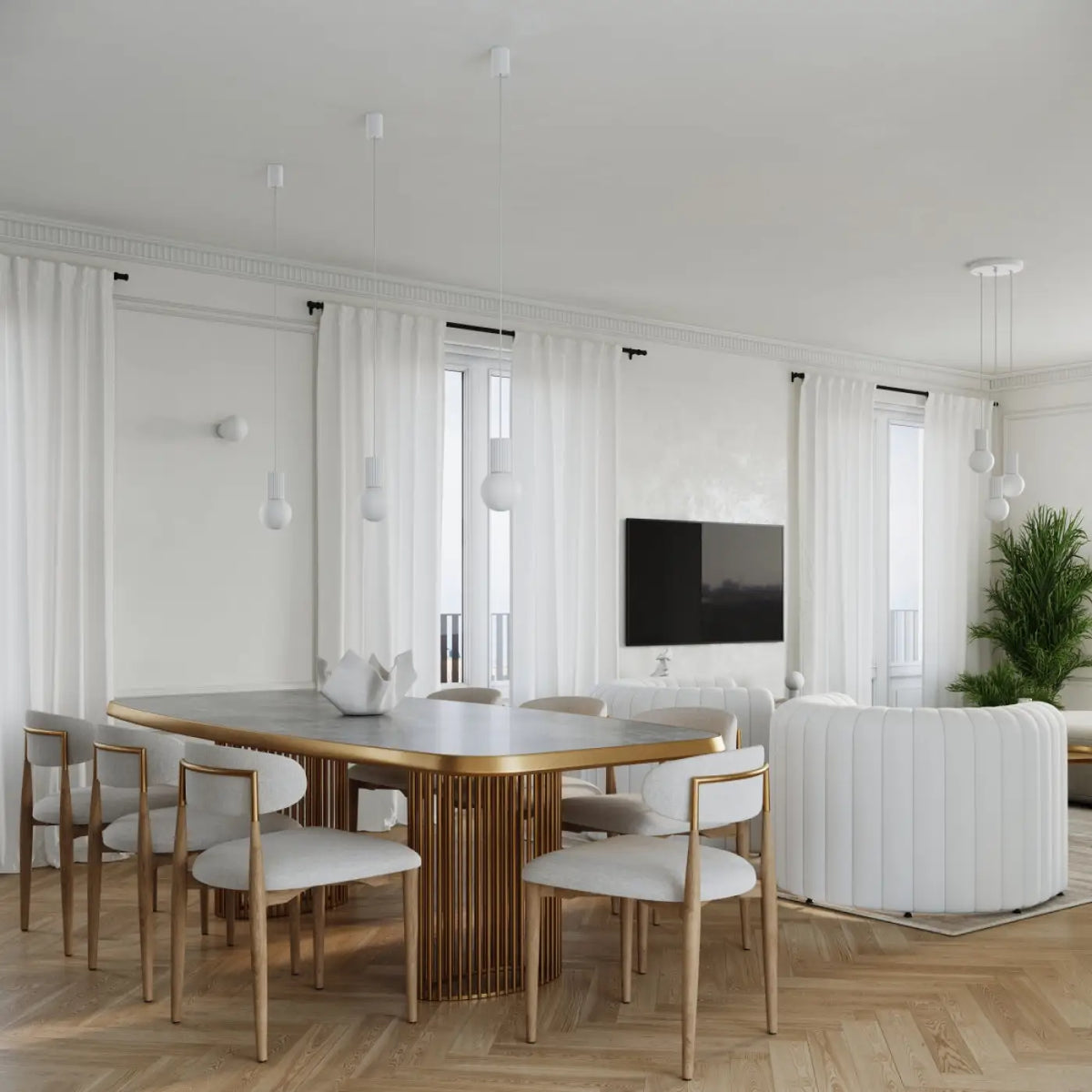 Lampe a poser halo blanc avec verre laiteux sur table de salle à manger dorée à plateau marbre et base à lames verticales