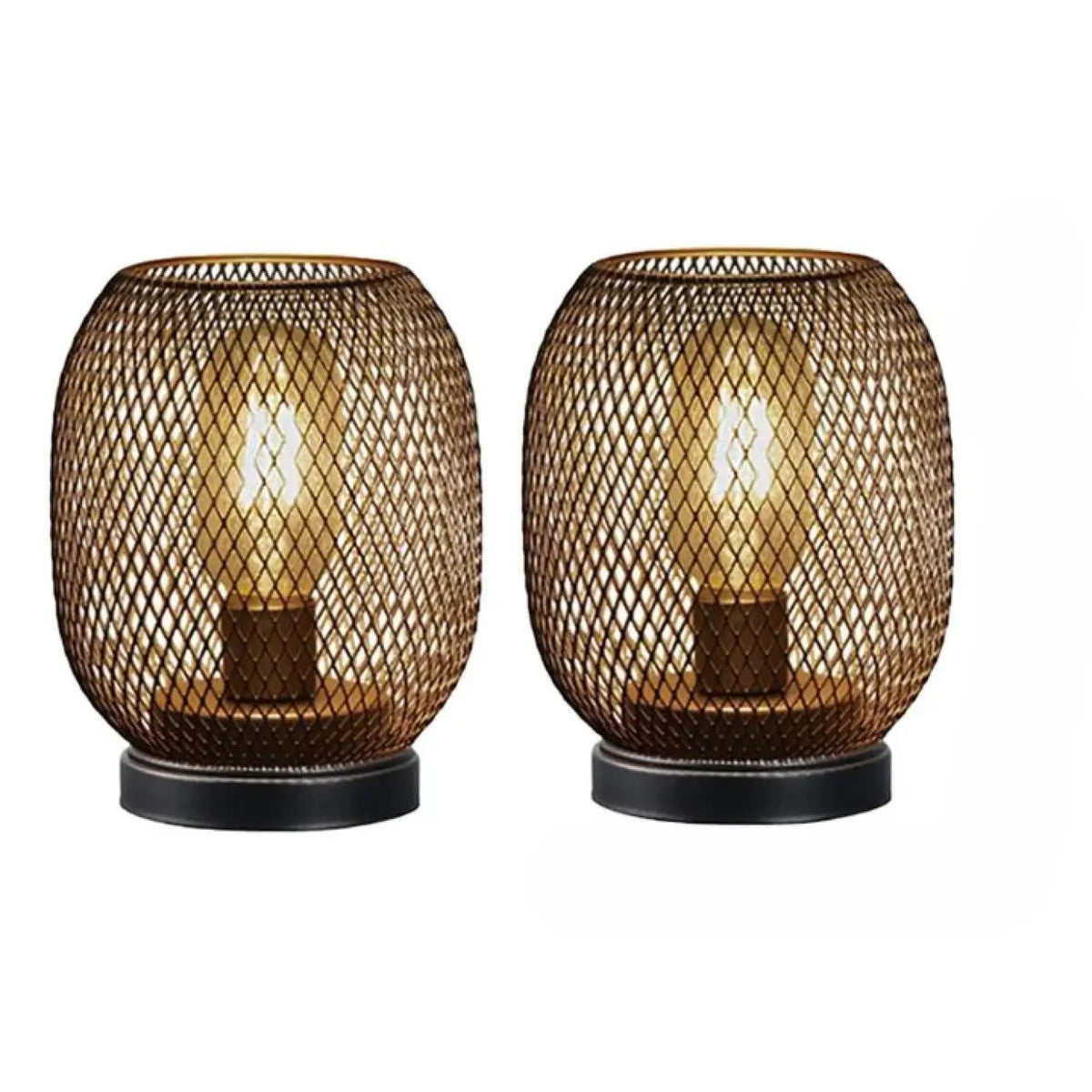 Lampe de table makara paire de lampes en maille bronze avec bases noires et ampoules filament chaudes comme decor features