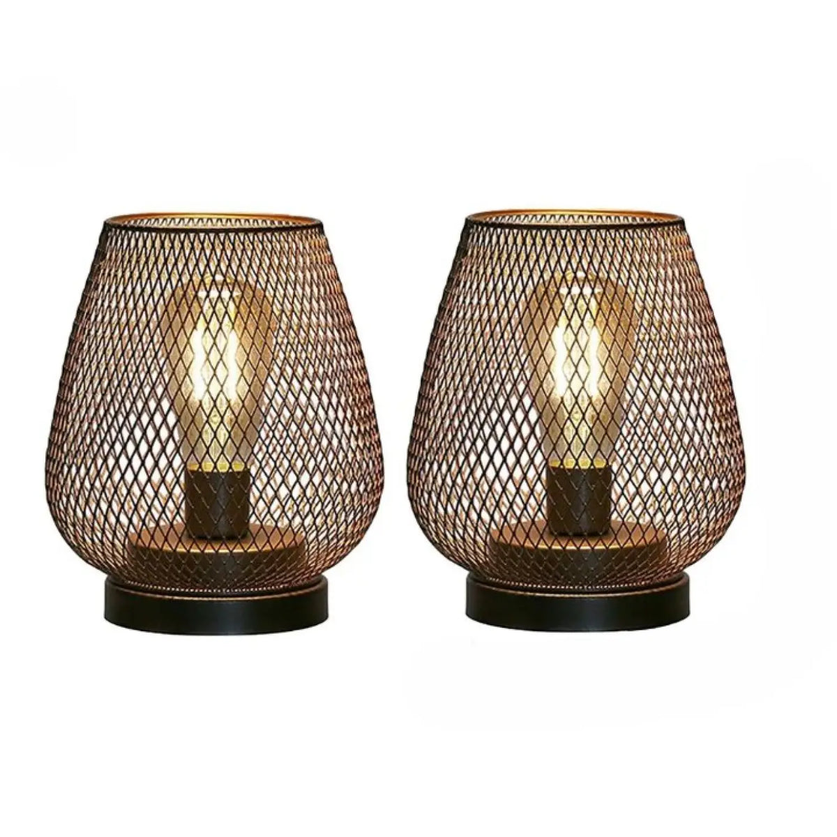 Paire de lampes de table en bronze avec abat-jour en maille et ampoules à filament, idéale comme décor features