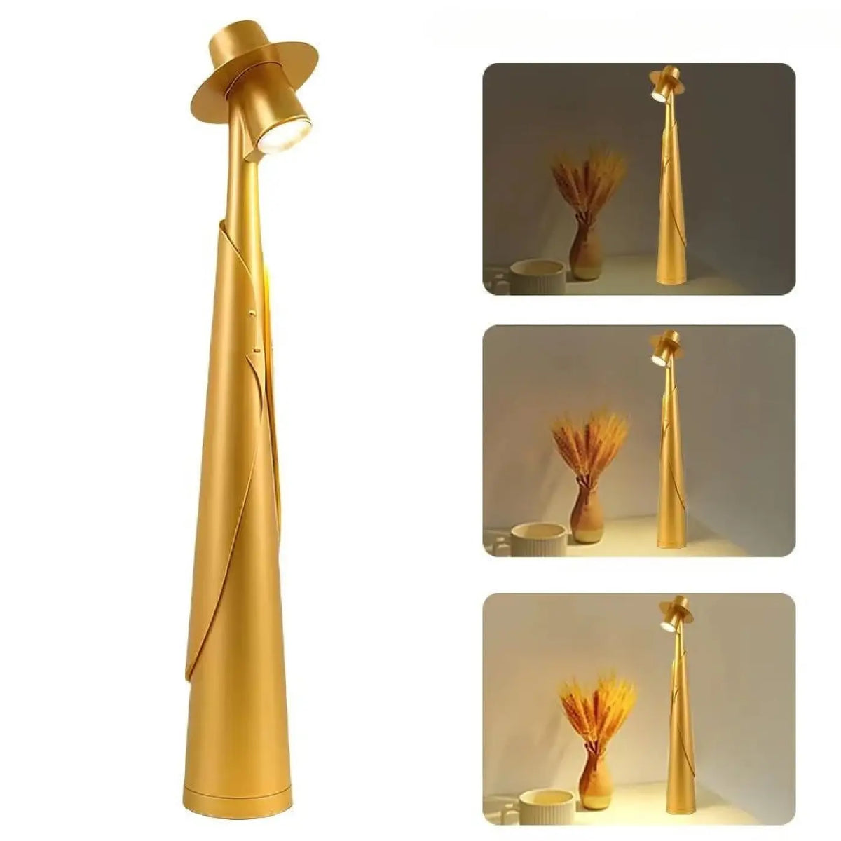 Lampe de table dandy en métal doré avec finition brillante, tête articulée et design élégant avec chapeau